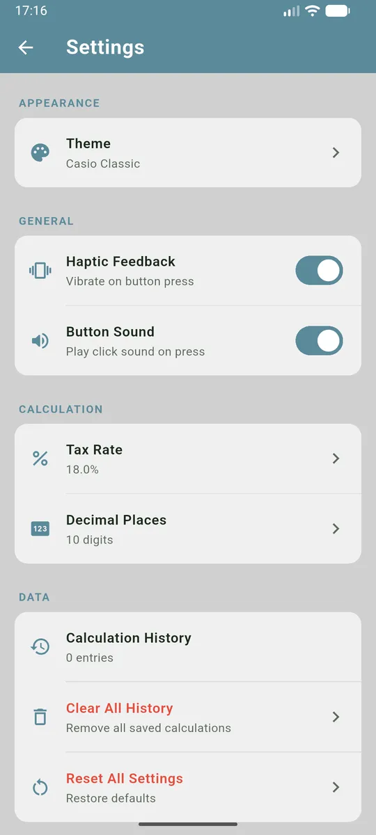 Settings tuned for everyday use — theme, haptics, sound, tax rate, decimals, history export