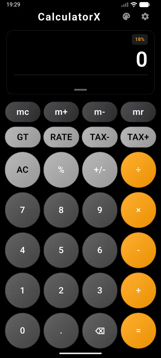 iOS Style theme — black with orange operators, the familiar iPhone calculator look